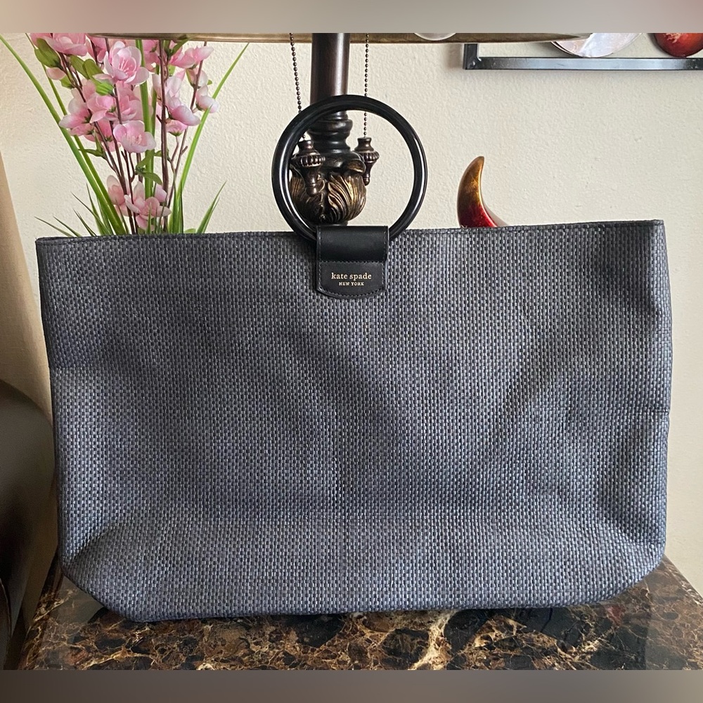 EUC - Kate Spade ♠️ New York Black Raffia Large Tote Bag With Ring Handles - Picture 5 of 13